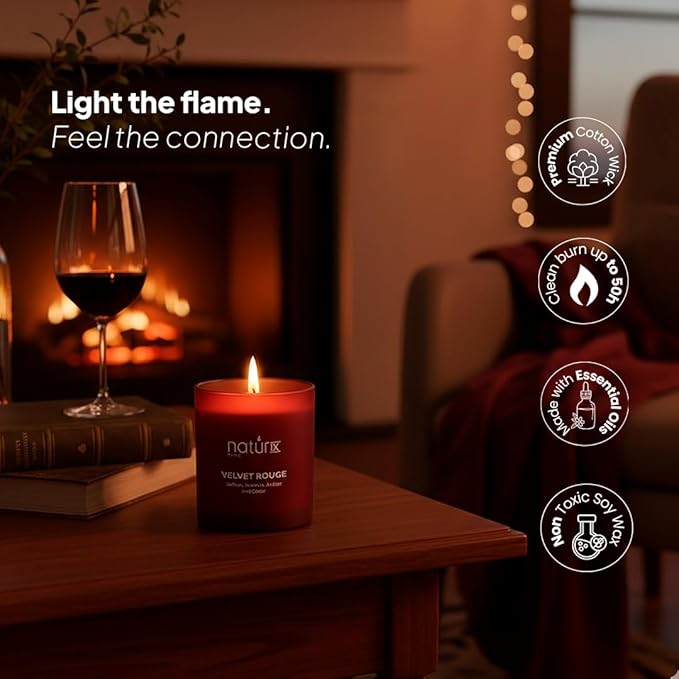 Natur IX Velvet Rouge Scented Candles for Home | Cedarwood, Saffron, Jasmine & Amber | Natural Non Toxic Soy Candles with Essential Oils | 50 H Long Burning