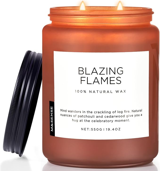 M&SENSE Blazing Flames Winter Scented Candles, Soy Wax 19.4oz 110 Hours Long Lasting Clean Burn, Warm Woods Aromatherapy Candles for Relaxation Large Candle Birthday Holiday Gifts for Men Women