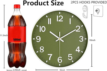 Modern Wall Clock, 10 Inch Digital Wall Clocks Battery Operated, Round Non Ticking Silent Analog Clock for Bedroom Living Room Kitchen Office Gym Classroom Decor, Olive Green