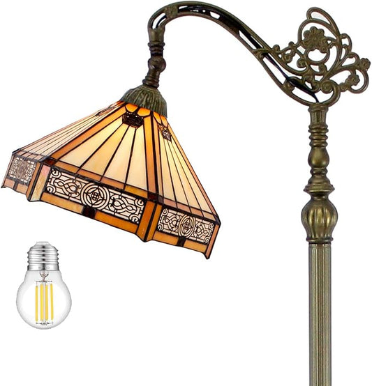WERFACTORY Tiffany Floor Lamp Mission Hexagon Stained Glass Arched Lamp 12X18X64 Inches Gooseneck Adjustable Corner Standing Reading Light Decor Bedroom Living Room S011 Series