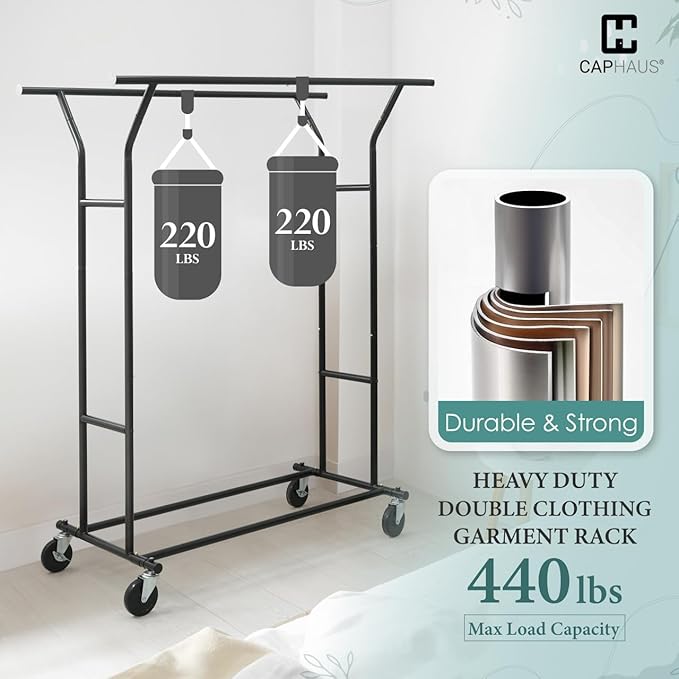 CAPHAUS Heavy Duty Clothes Rack with Double Rods, 440LBS Capacity Rolling Clothing Rack for Hanging Clothes, Adjustable Metal Wardrobe Rack, Garment Rack with Wheels and Extendable Rods, Black