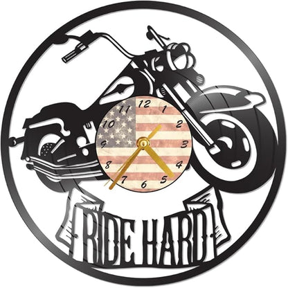 Motorcycle Wall Clock with American Flag Design, Black Vinyl Record Art, Vintage Biker Theme, Decorative Timepiece