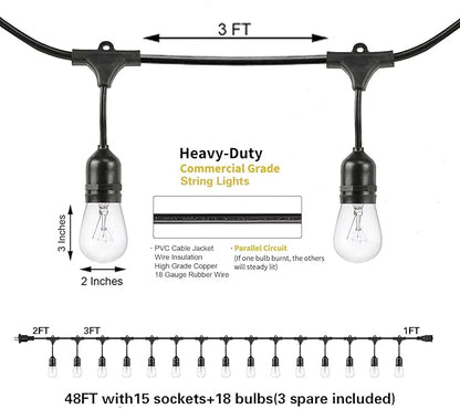 SUNTHIN Outdoor String Lights, 8 Pack 48FT Edison String Lights Commercial Grade with 11W Dimmable Bulbs for Patio, Garden, Backyard, Deck, Porch, Bistro, Cafe