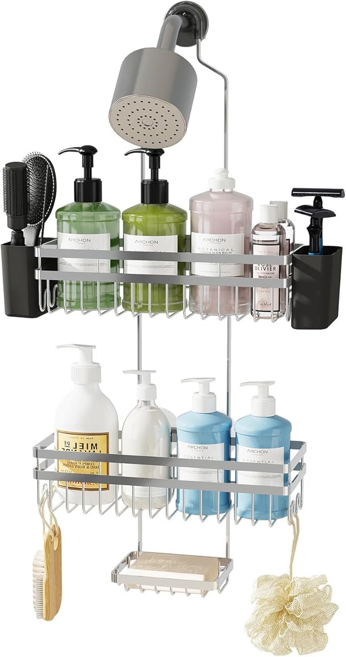 Shower Caddy Hanging for Bathroom Organizers and Storage, Adjustable Anti-Swing Shower Organizer for Wall-Mounted Showerhead with Heavy-Duty Suction Cups, Damage-Free Rustproof (Chrome)