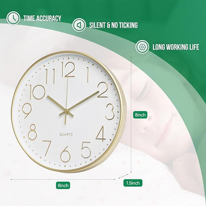 Wall Clock Non-Ticking Silent Modern Simple Style Round Decor Clock Stereoscopic Dial Quartz Wall Clocks for Home/Office/School/Living Room/Bedroom/Kitchen (Gold, 8inch)