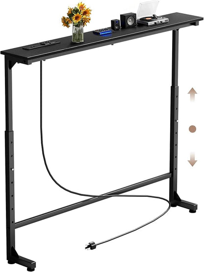 45 inch Narrow Console Table with Outlet,Adjustable Height(25"-37") Behind Sofa Table,Couch Behind Table Skinny,Couch Shelf with Charging Station,Long Entryway Tables for Living Room,Black