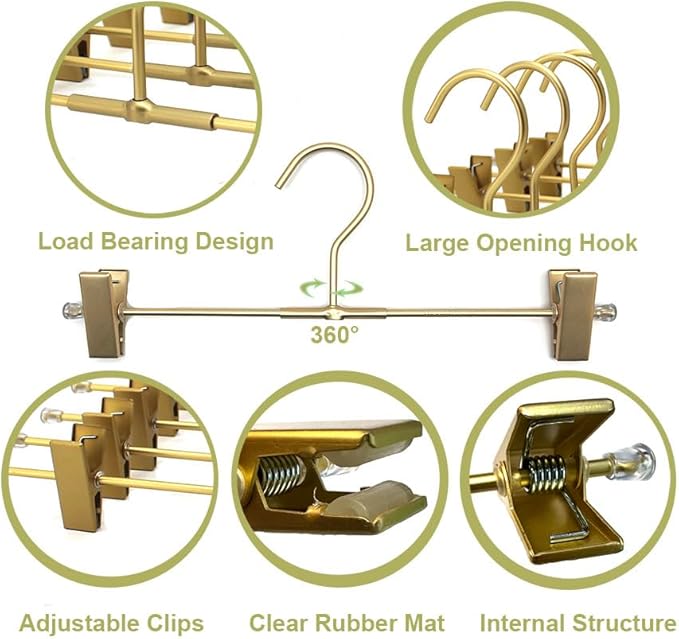 Pants Hangers Gold Aluminum Skirt Hanger 2-Adjustable Clips Heavy Duty Clothes Hangers Space Saving Durable Hanger 11.8" Closet Organizer for Pant,Pack of 10