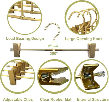 Pants Hangers Gold Aluminum Skirt Hanger 2-Adjustable Clips Heavy Duty Clothes Hangers Space Saving Durable Hanger 11.8" Closet Organizer for Pant,Pack of 10