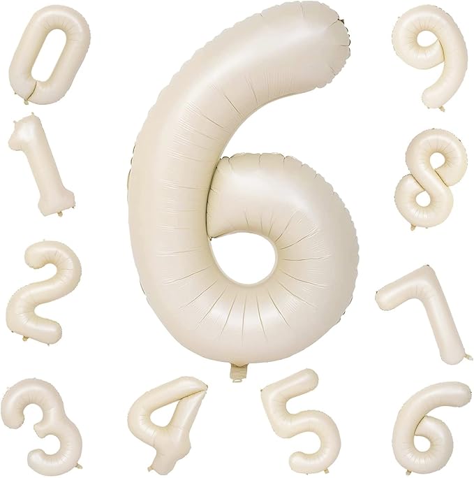 Cream Number Balloons, 40inch Large Beige Number 6 Foil Mylar Helium Balloons for Girls Women, Ivory White Self Inflating Number Balloons 0-9 for Men Boys Birthday Party Celebration Decoration