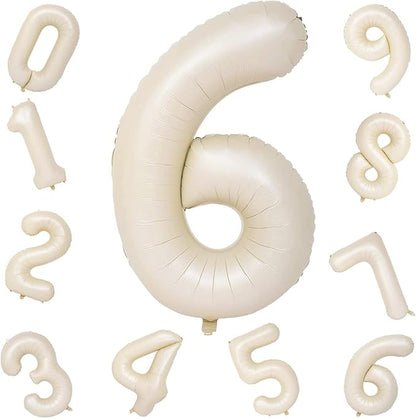Cream Number Balloons, 40inch Large Beige Number 6 Foil Mylar Helium Balloons for Girls Women, Ivory White Self Inflating Number Balloons 0-9 for Men Boys Birthday Party Celebration Decoration