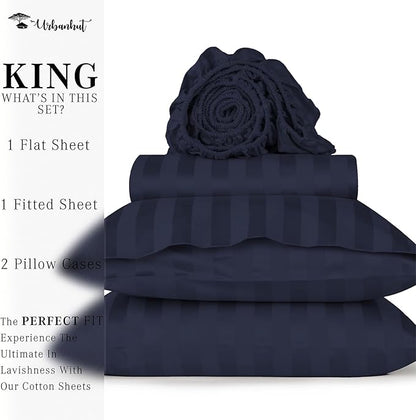 URBANHUT 800 Thread Count Egyptian Cotton Damask Striped King Size Sheets Set (4 Pc) - Ultra Soft & Smooth, Sateen Weave King Size Sheets, Luxury Hotel Sheets with 16" Deep Pocket - Navy Blue