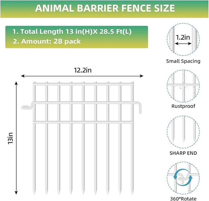 28 Pack Animal Barrier Fence, 13in x28.5ft Fence Barrier for Bottom, 1.2in Gap Dog/Rabbit Fencing, Rustproof Metal Border, White