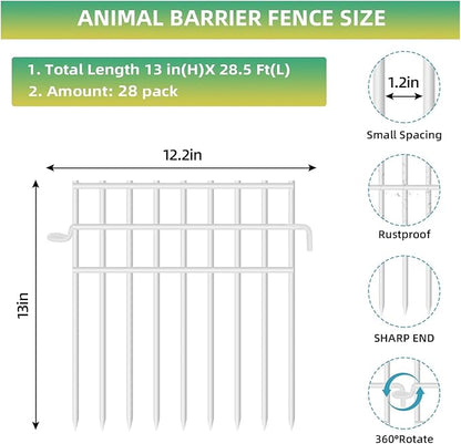 28 Pack Animal Barrier Fence, 13in x28.5ft Fence Barrier for Bottom, 1.2in Gap Dog/Rabbit Fencing, Rustproof Metal Border, White