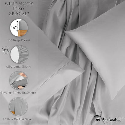 URBANHUT 800 Thread Count Egyptian Cotton Sheets King Size, Long Staple Bed Sheets, 4 Pc Bed Sheet Sets for King Size Bedding, Sateen Weave Luxury Hotel Bed Sheets Fits 16" Deep Pocket - Silver Grey