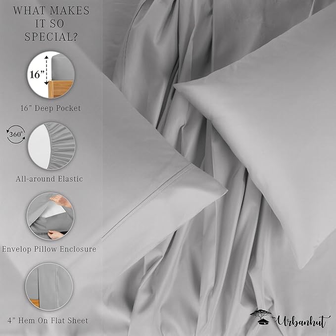 URBANHUT 800 Thread Count Egyptian Cotton Sheets - California King Size, 4 Pc Bed Sheet Set, Luxury Hotel Sateen Sheets Fits 16" Deep Pocket - Silver Grey