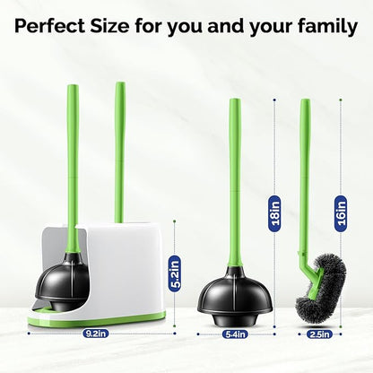 HAMITOR Toilet Plunger Bowl Brush Combo：Heavy Duty Rubber for Drain Clog Remover - Curved Design Bristles for Deep Cleaning Under Rim - Compact Bathroom Cleaning Tools for New Homet Essentials-Green