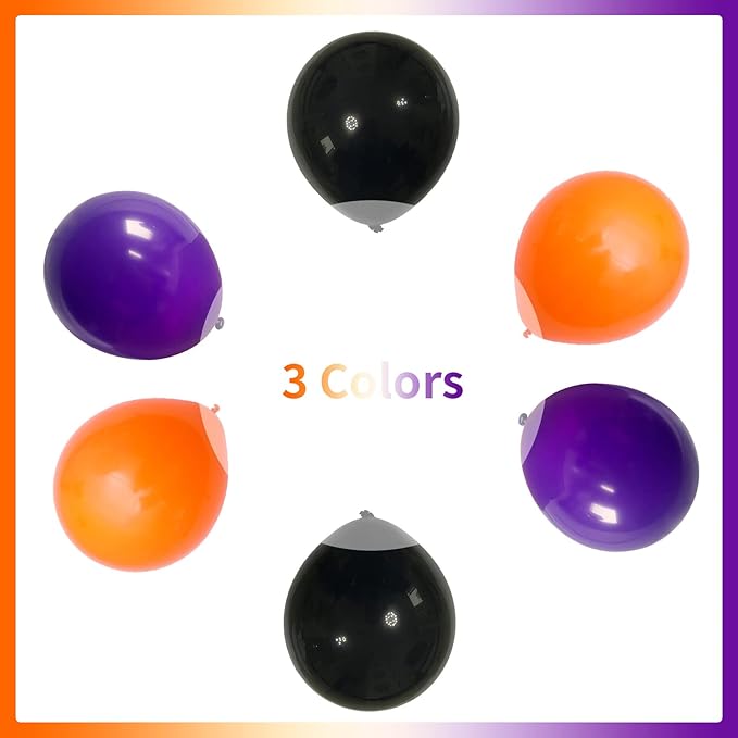 Orange Black Purple Balloons Pack of 75, 12 Inch Halloween Color Party Balloons Matte Black Orange Dark Purple Helium Latex Balloons with Ribbon for Kids Birthday Baby Shower Scary Party Decorations