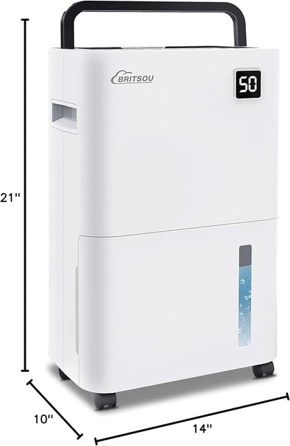 Britsou 50 Pints Dehumidifier for Basement with Drain Hose - Quiet Smart Operation with 3 Modes, 24HR Timer - Ideal for Home Bedroom, Bathroom, Small to Large Rooms