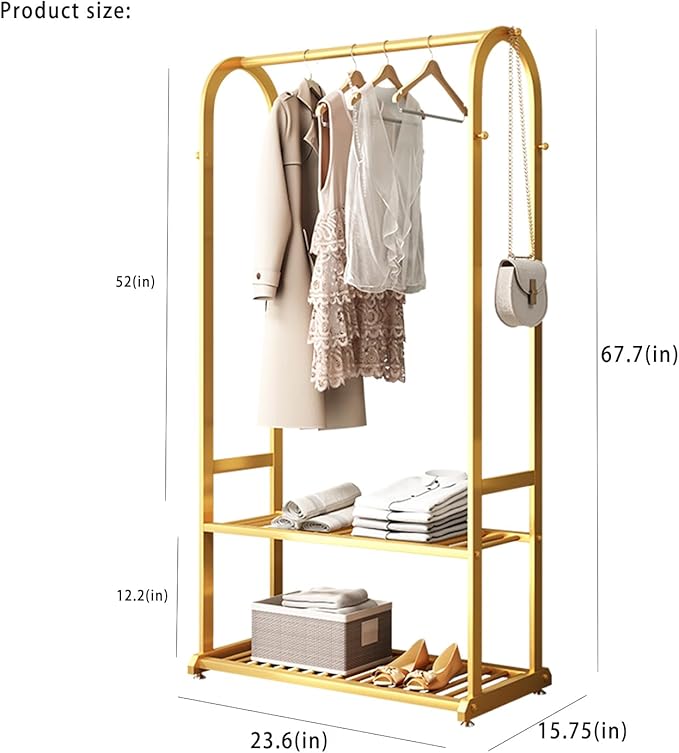 Gold clothing rack,Heavy duty clothes rack with bottom shelves,Small garment rack for hanging clothes,Wardrobe rack,hanging racks for clothes(L:23.6in)