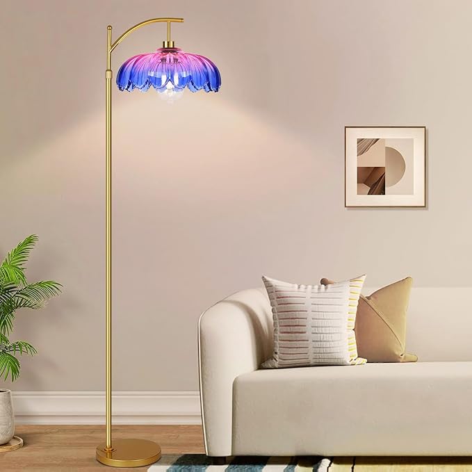 Floor Lamp for Living Room,Bedroom,Gold Dimmable Standing Lamp with Remote,Mid Century Modern Brass Tall Lamp Retro Vintage Glass Lamp Floor Light Boho Bohemian