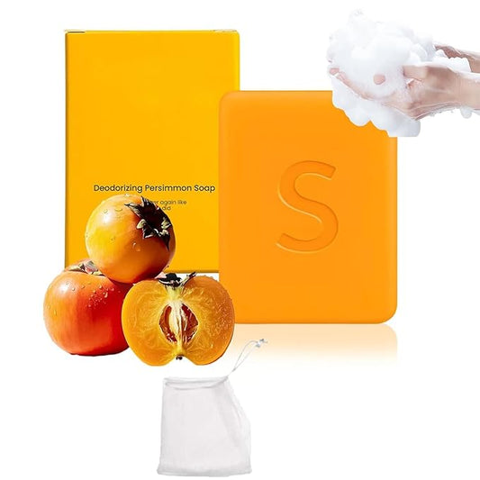Swarva Deodorizing Persimmon Soap, Natural Face and Body Cleanser, Moisturizing Formula for All Skin Types, Odor Neutralizing, With foaming net