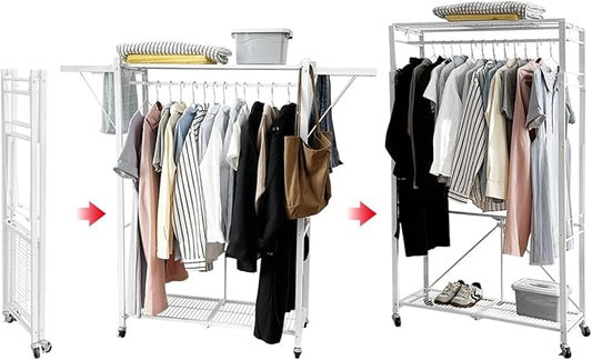 lumizone Folding Clothing Rack with Wheels Expandable Wardrobe Portable Clothes Rack for Hanging Clothes Adjustable Closet Shelves Garment Rack Durable Closet Racks for Hanging Clothes(White)