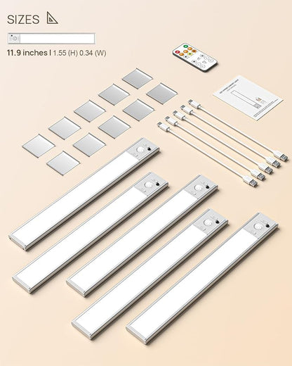 Under Cabinet Lights Wireless,Motion Sensor Light Indoor with Remote Control,2500mAh LED Rechargeable Battery Operated Closet Light,3 Color Temps,Under Counter Lights for Kitchen,Stairs,4 Pack