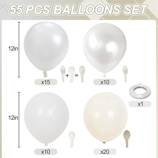 White Balloons, 55 PCS 12 Inch Double Stuffed Pearl White Wedding Balloons for Engagement Proposal Bridal Shower Baby Shower Birthday Party Decorations