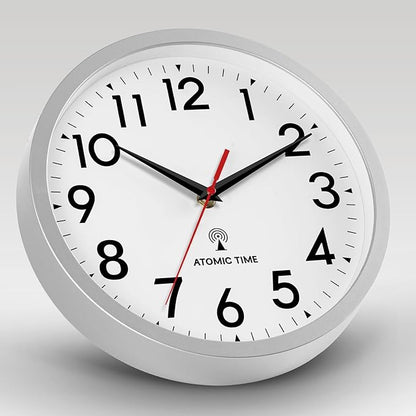 Atomic Wall Clock Analog 10 Inch Battery Operated Modern Decorative for Living Room Kitchen Office Bedroom Bathroom(Silver)