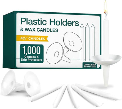 Concordia Supply Plastic Holder Candle Drip Protectors - 4.25" x 1/2" Candles w/Easy to Hold White Plastic Candle Holders - Ideal for Candle Light, Memorial, & Congregational Services - Set of 1000