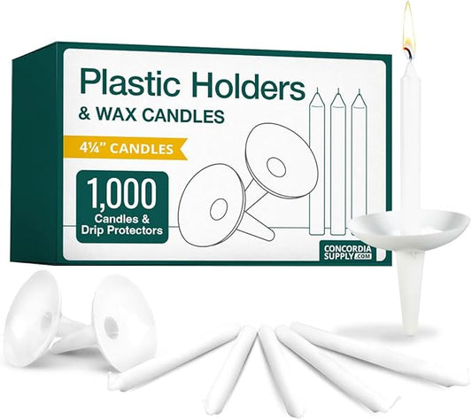 Concordia Supply Plastic Holder Candle Drip Protectors - 4.25" x 1/2" Candles w/Easy to Hold White Plastic Candle Holders - Ideal for Candle Light, Memorial, & Congregational Services - Set of 1000