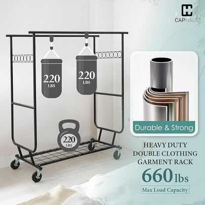 CAPHAUS Heavy Duty Clothes Rack with Double Rods, 660LBS Capacity Rolling Clothing Rack for Hanging Clothes, Adjustable Metal Wardrobe Rack, Garment Rack with Shelf, Wheels, Extendable Rods, Black