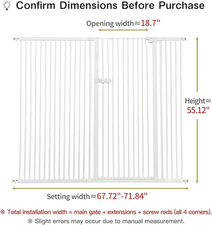 Lumizone Extra Tall Cat Gate 55.12" High Pressure Mounted Extra Wide 2025 New (17 Sizes) 1.37" Gap No Drilling Auto-Close One-Handed Operation Tall Pet Gate for Dogs(White, 55.12" H x 67.72"-71.84" W)