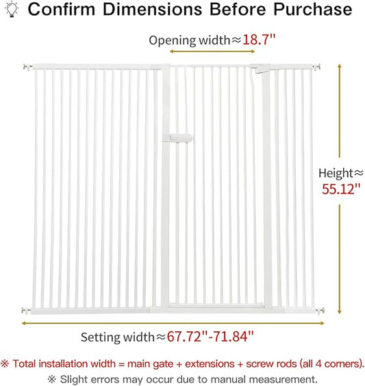 Lumizone Extra Tall Cat Gate 55.12" High Pressure Mounted Extra Wide 2025 New (17 Sizes) 1.37" Gap No Drilling Auto-Close One-Handed Operation Tall Pet Gate for Dogs(White, 55.12" H x 67.72"-71.84" W)