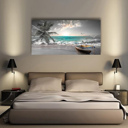Beach Sea Wave Pictures Canvas Wall Art For Living Room Bedroom Wall Decor,Sea Wave Wall Art Print Paitnings For Home Decor,Morden Artwork Palm Boat Canvas Art Waterproof Ready To Hang-28x57 Inches