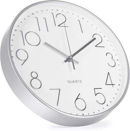 Wall Clock 10 Inch Non-Ticking Silent Modern Simple Style Round Decor Clock Silver Stereoscopic Dial Quartz Wall Clocks for Home/Office/School/Living Room/Bedroom/Kitchen