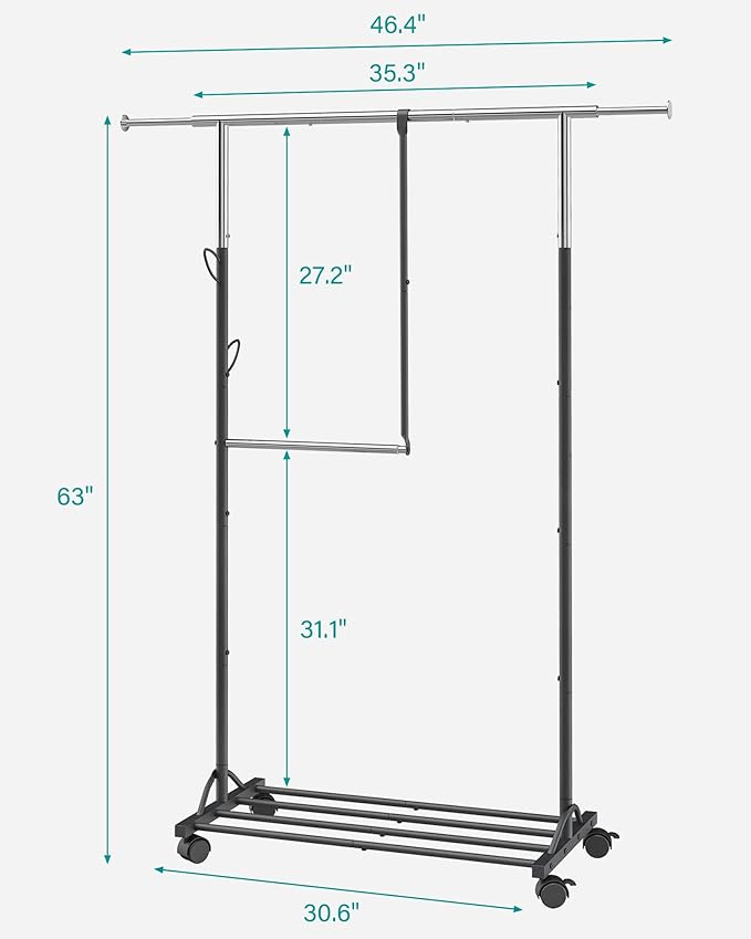 FAVOOSTY Hanging racks for clothes Rack with Wheels Garment racks for hanging clothes racks for hanging clothes Double adjustable Clothes Organizer for kids with Extendable Rod Black
