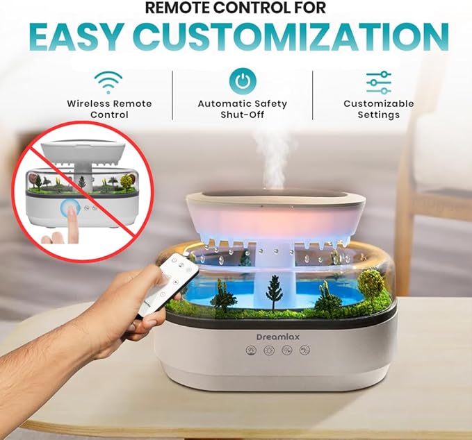 Dreamlax Rain Humidifier for Bedroom – Cool Mist Essential Oil Diffuser, White Noise Machine with 10 Nature Sounds, 7 LED Lights, Remote Control & Decorative Raindrop Lamp