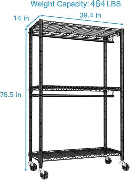P3 Rolling Clothes Rack, Clothing Racks for Hanging Clothes, Heavy Duty Garment Rack with Wheels, Freestanding Portable Closet Organizer 39.4''W x 14''D x 78.5''H, Max Load 464 LBS, Black