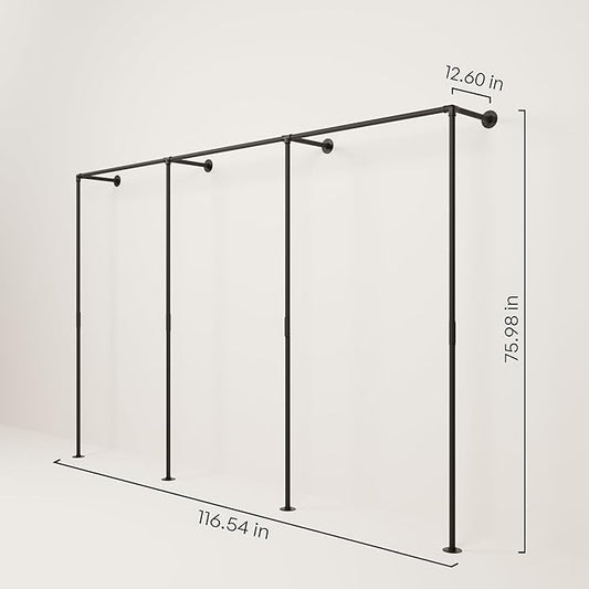 pamo Industrial Pipe Clothing Rack - 615 lbs Capacity - Wall Mounted Clothes Rack and Walk In Closet for Wardrobe