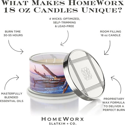 HomeWorx by SLATKIN + CO. Candle- Ocean Driftwood, 18 oz. 4-Wick Premium Scented Candle - 30-55 Hours Burn Time