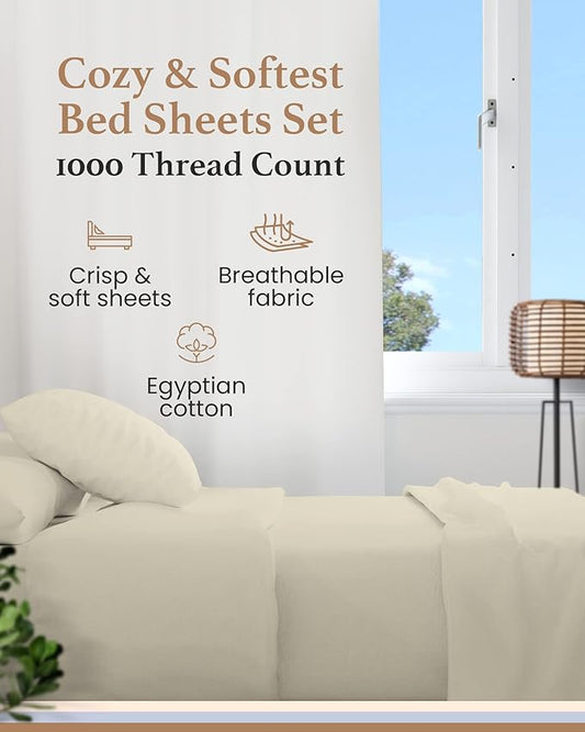 Good Sleep Bedding XL Twin Sheets - 100% Egyptian Cotton Sheets, 1000 Thread Count, 4Pc, Twin XL Bed Sheets, Long Staple Cotton Twin XL Sheet Sets, Cooling Sheets, 16" Deep Pocket - Ivory