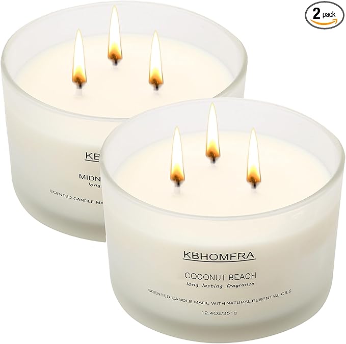 Scented Soy Wax Candle, 12.4 Oz Glass Jar, 70+ Hours Burn Time, Natural Essential Oils, Cotton Wick, Long Lasting Fragrance, Modern Contemporary Style (Coconut Vanilla+Jasmine 2pack)