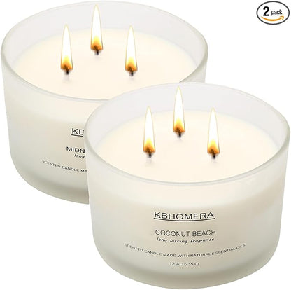 Scented Soy Wax Candle, 12.4 Oz Glass Jar, 70+ Hours Burn Time, Natural Essential Oils, Cotton Wick, Long Lasting Fragrance, Modern Contemporary Style (Coconut Vanilla+Jasmine 2pack)