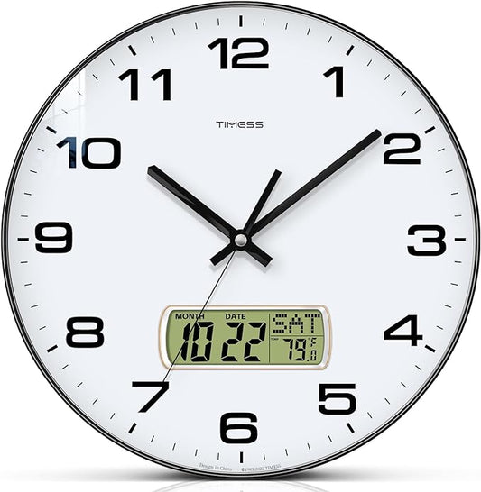 Wall Clock, 12" Dial Non-Ticking Silent Battery Operated Analog with LCD Display for Perpetual Calendar and F° Temperature, Ideal Modern Home, Bedroom, Kitchen, Office Decor (Black)