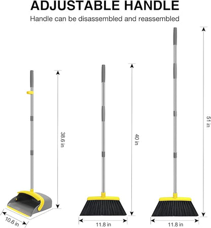 NACENA Broom and Dustpan Set, 52-in Long Adjustable Handle Broom Dustpan Combo with Dustpan Teeth to Automatically Clean Hair Suitable for Home Kitchen Office Hall Floor (Grey&Yellow), 4 Pack