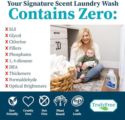 Truly Free Natural Laundry Detergent for Sensitive Skin | Eco Friendly, Plant Based, Baby Clothes Safe | Clean & Easy Powder to Liquid, 3 Pack Detergent + 1 Refillable Jug | Signature Scent 150 Loads