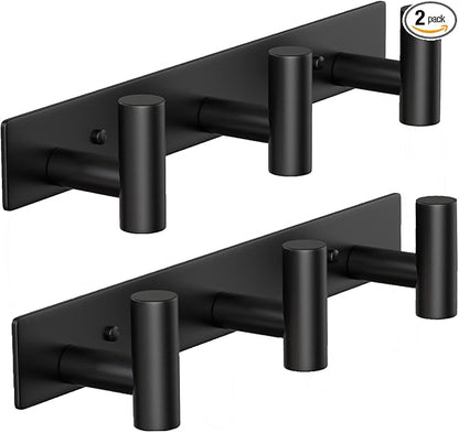 Coat Rack Wall Mounted-3 Hooks,Heavy Duty Stainless Steel Wall Hooks for Towel Coat Bag, Hat Rack Coat Hanger Coat Hooks Towel Racks for Bathroom Entryway Kitchen Hotel Office (Black, 2 Packs)
