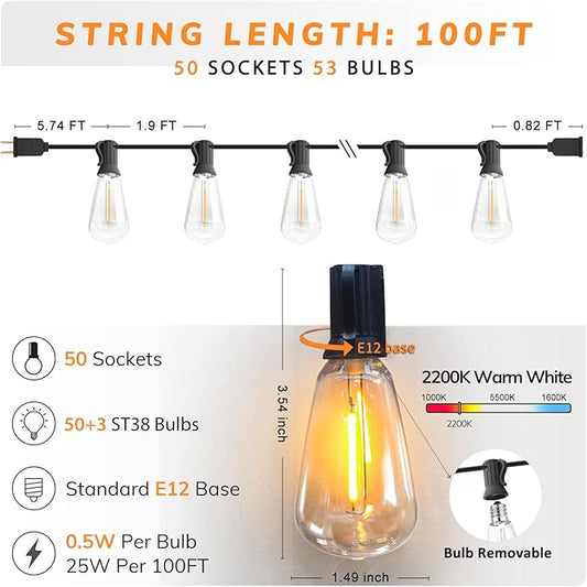 Achin 100FT Outdoor String Lights LED Dimmable Patio Lights String Waterproof with 50+3 Shatterproof Bulbs ST38 Vintage String Lights for Outside Gazebo Bistro Lights, 2200K Warm White