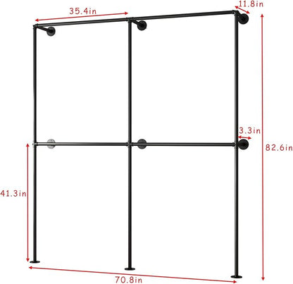 BOSURU Industrial Pipe Clothing Rack Wall Mounted,Clothes Racks with Double Hanging Rods for Closet Storage(Black)
